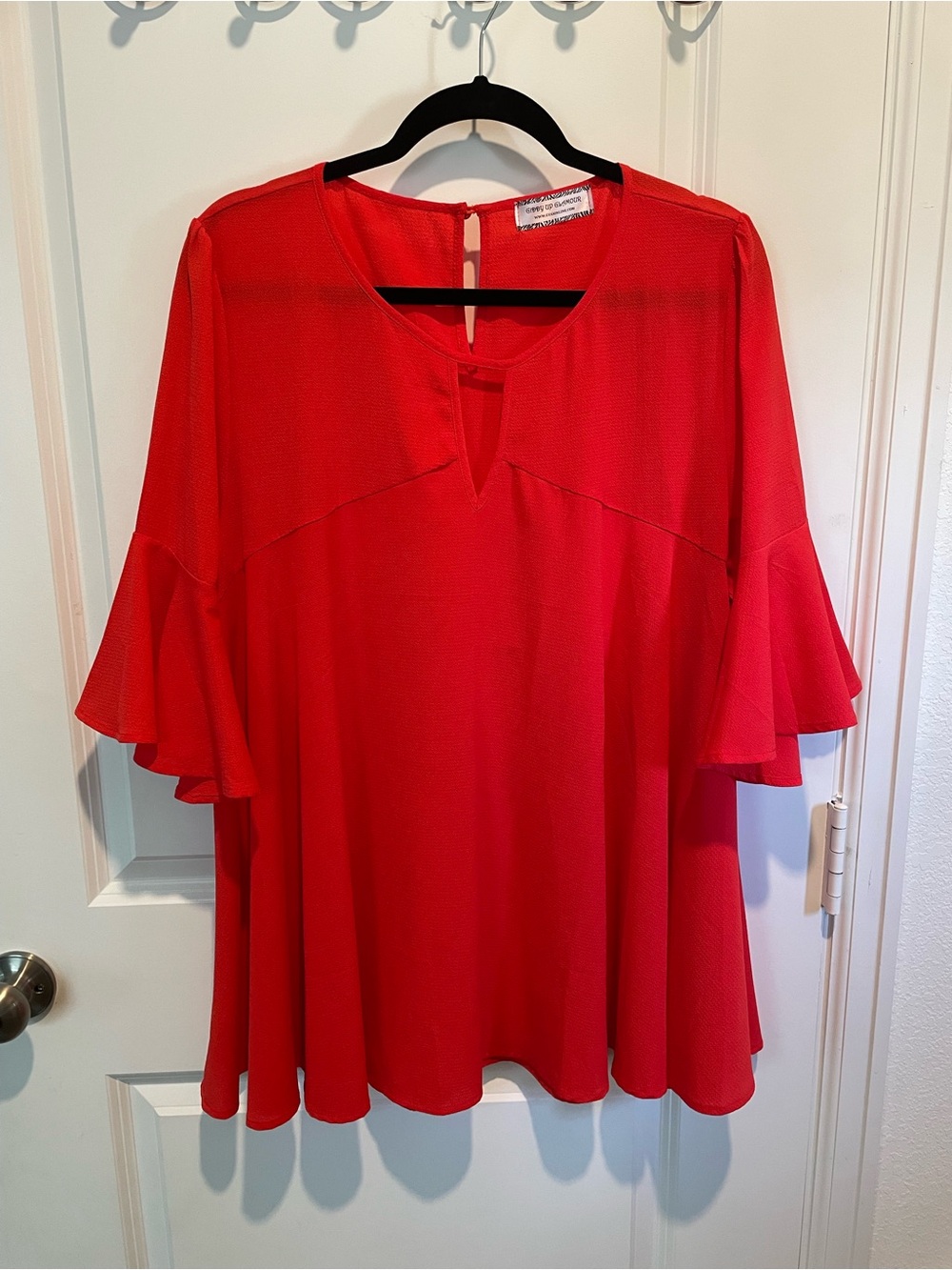Flowy Red V-Notch Ruffle Sleeve Blouse